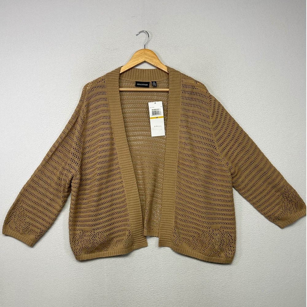 Boho Pointelle Nina Leonard Womens 3X Tan Brown Open Front Crochet Cardigan
